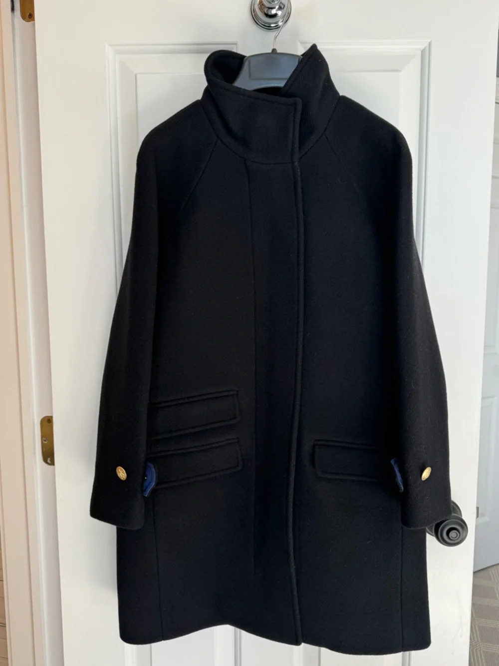 J. Crew Black Wool-Blend Funnel Neck Pea Coat with Gold Buttons - Picture 1 of 11